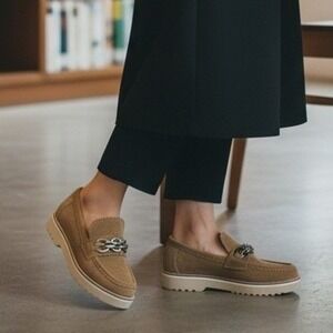 NYDJ Women Tan Suede Chain Link Loafers Scalloped Trim Lug Sole NFOWENSP02 9M